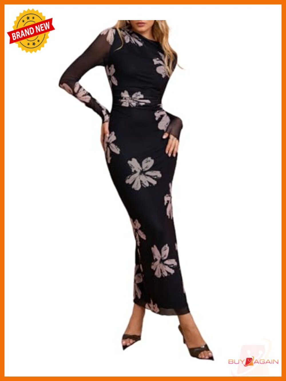 Women's Long Sleeve Bodycon Maxi Dress Mesh Mock Neck Formal Wedding Guest